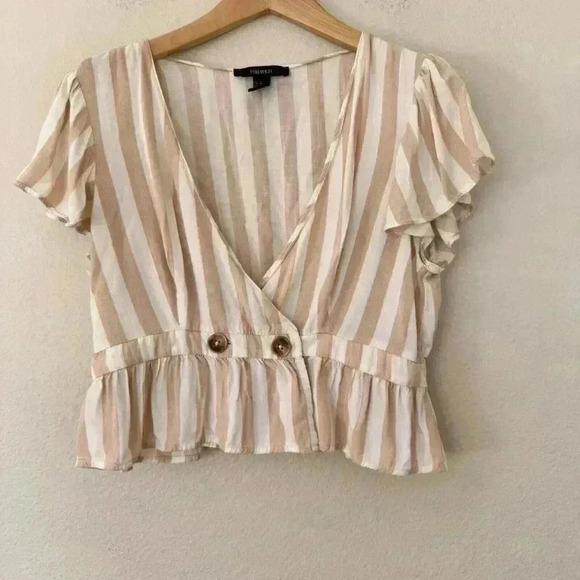 Forever 21 Crop Top Multi Color V Neck Button Closure Neutral Cream Tan Medium - Picture 2 of 7